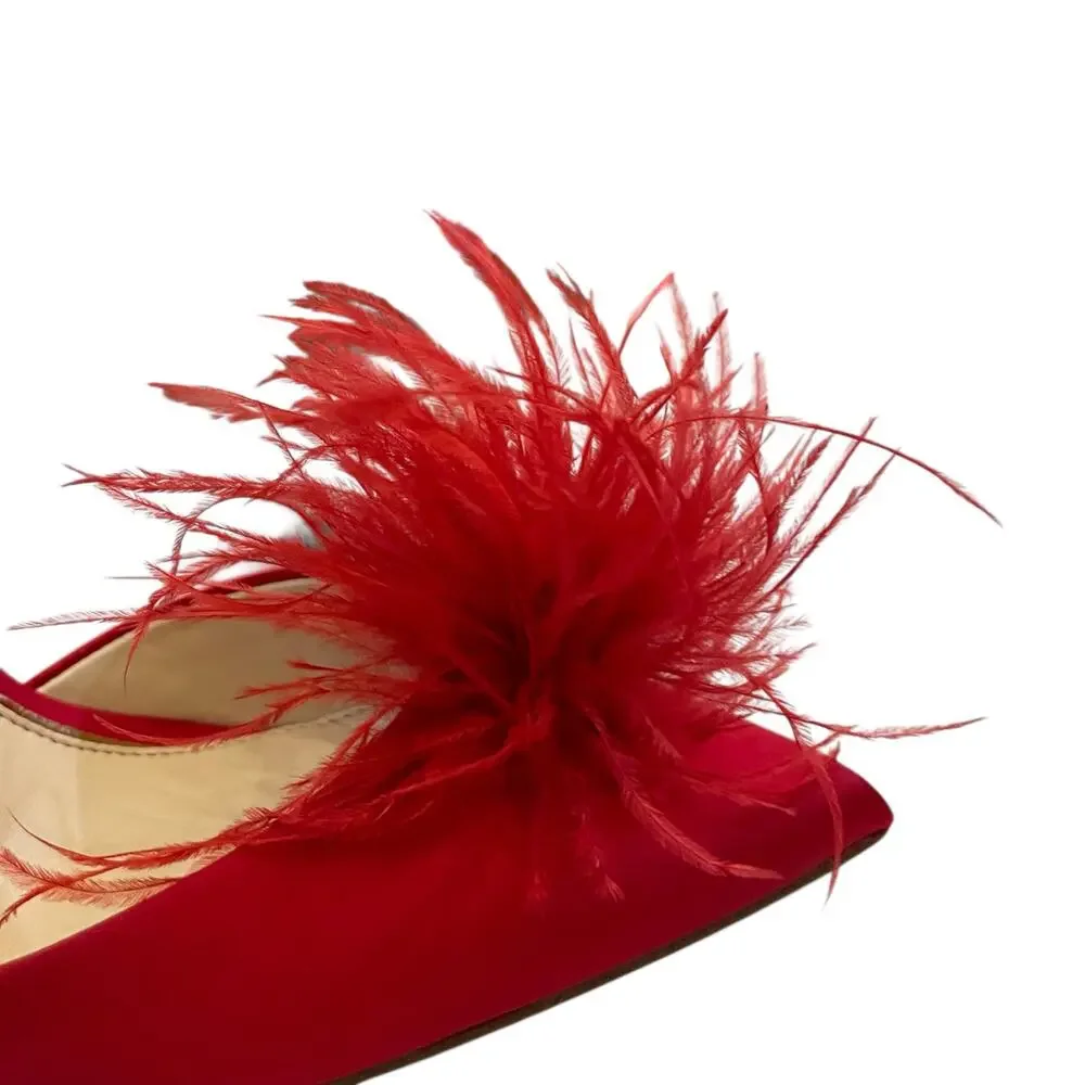 Jessica Simpson Wolistie Ankle Strap Dress Pumps Red Feather Pom Pom Size 6 NEW